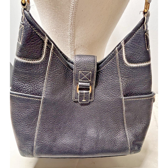 Fossil Black Pebbled Leather Shoulder Bag Purse Hobo Tote w/ Buckle & Contrast S - Picture 2 of 13